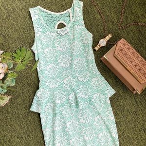 Reneec. Mint Peplum Dress with Lace Overlay